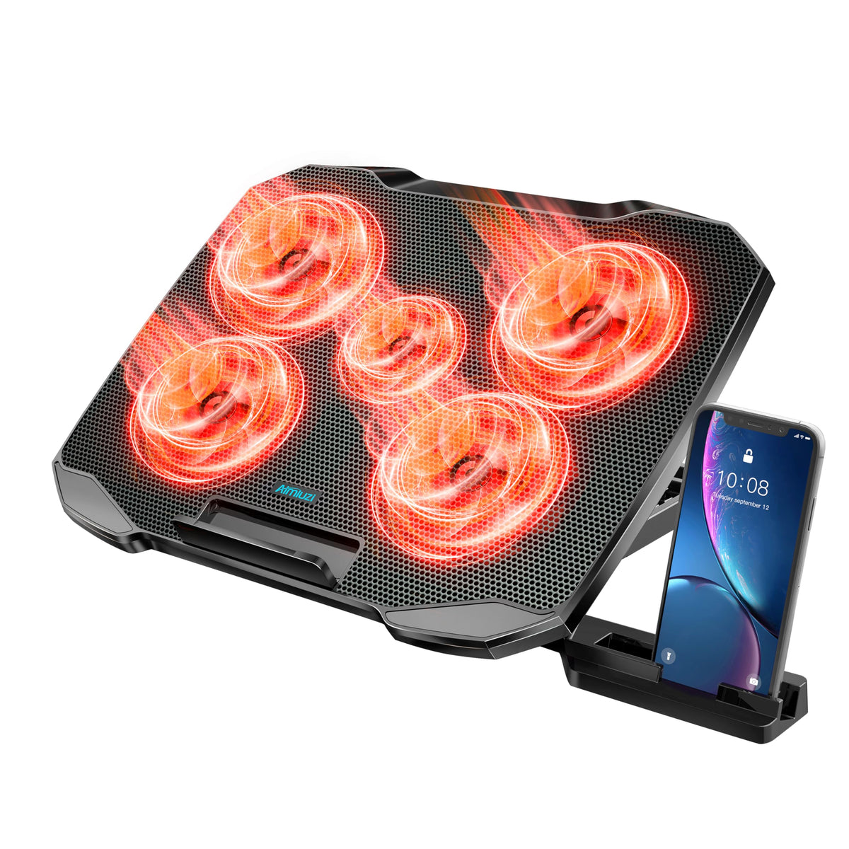 AIMIUZI laptop cooling pad with five fans delivers strong cooling.