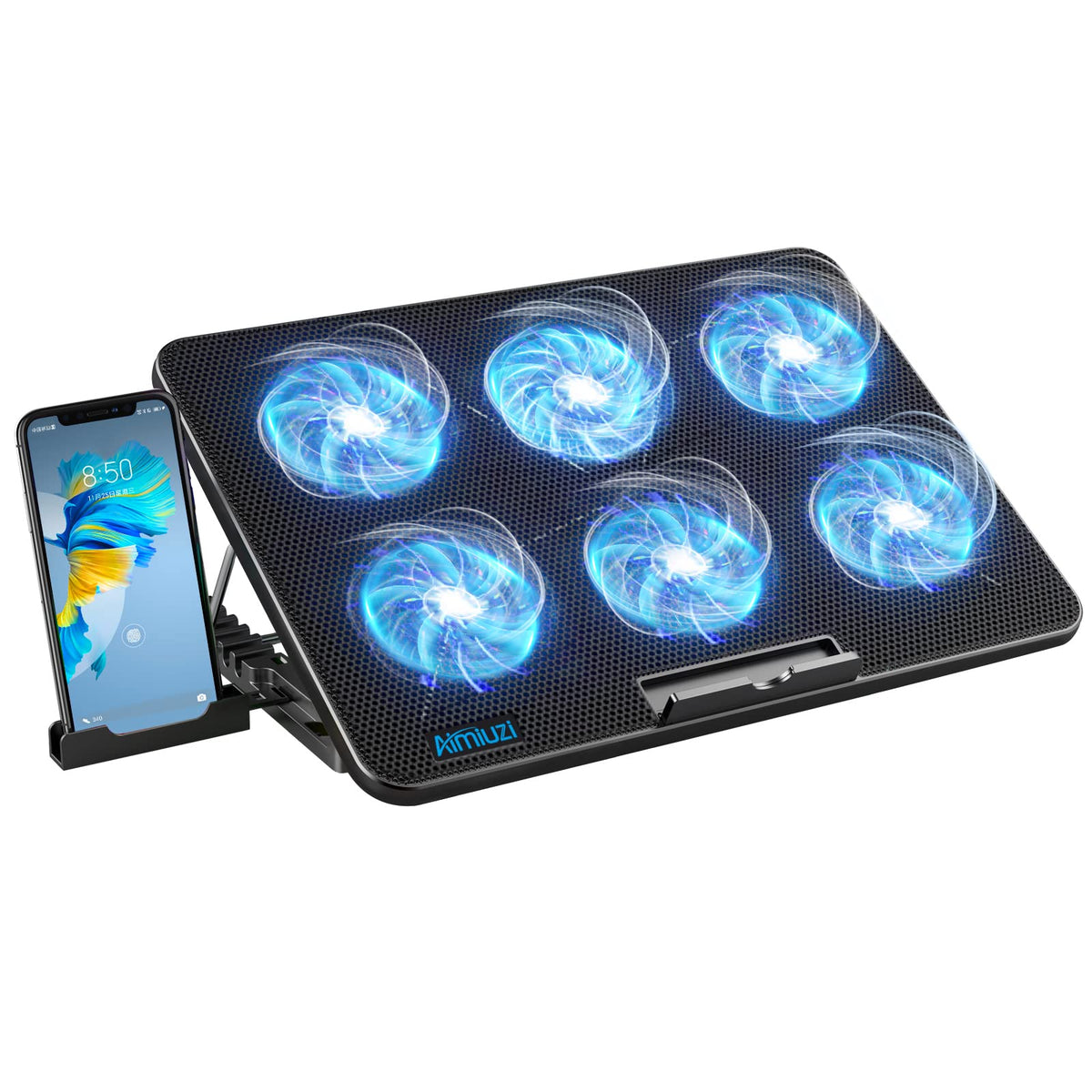 AIMIUZI laptop cooling pad with six quiet fans for efficient heat management during gaming.