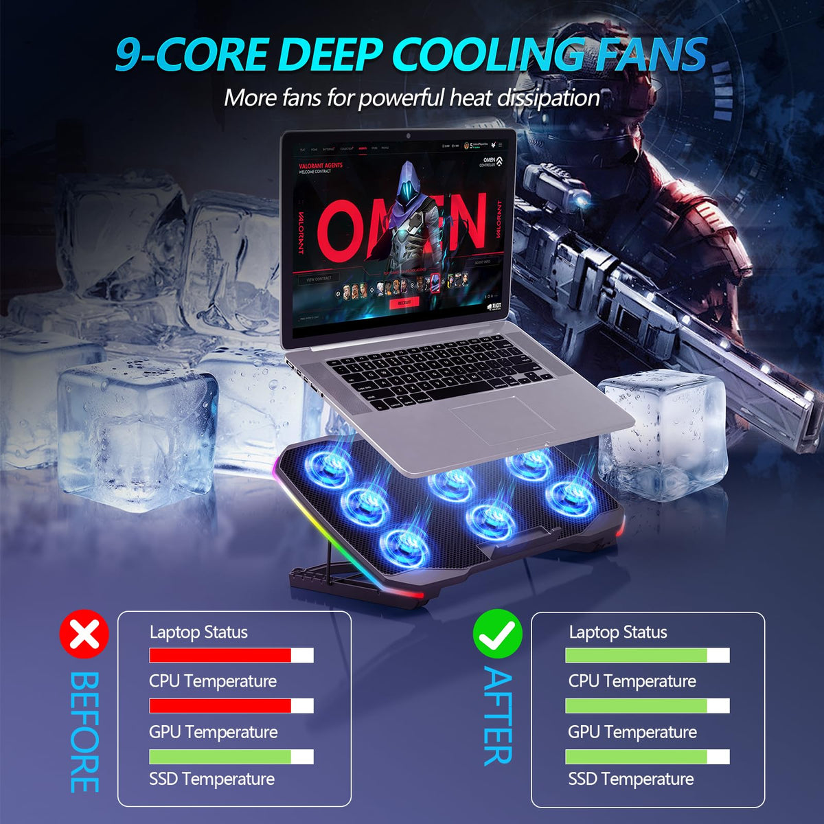 AIMIUZI cooling pad shows 5-height tilt for ergonomic setup