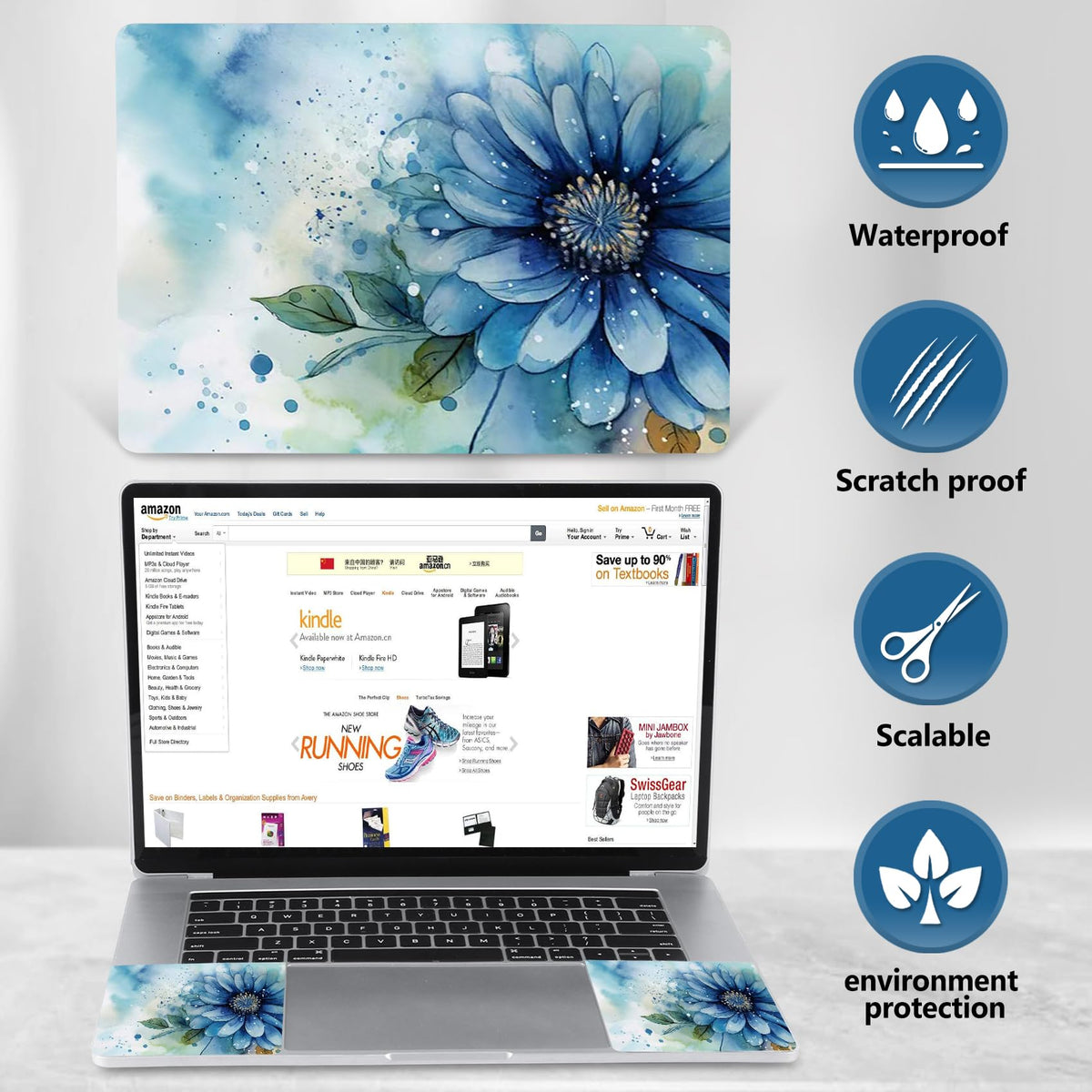 AIMSA blue flower print close-up shows high-resolution design and durable finish.