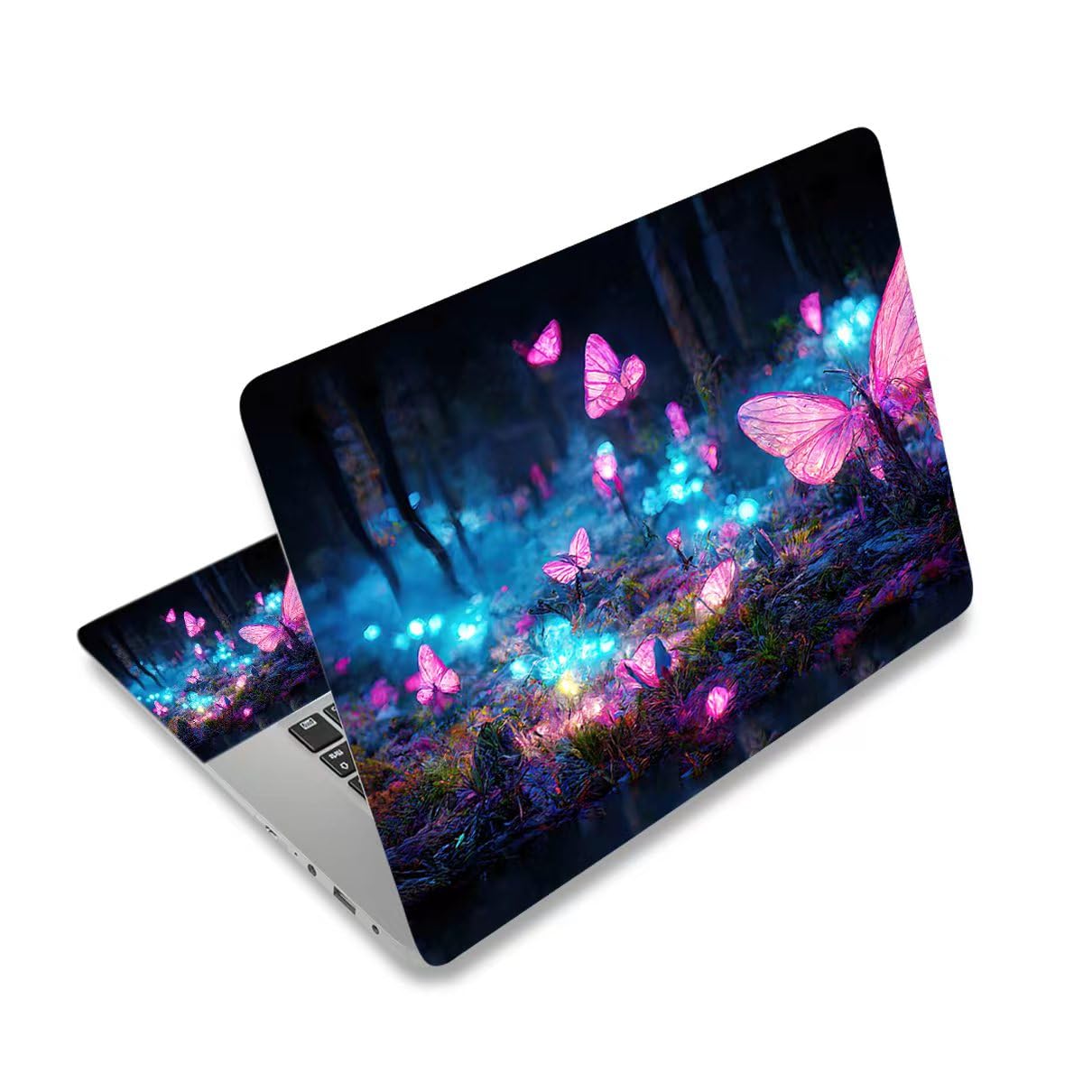 AIMSA pink butterfly back view laptop skin protects the lid from scratches.