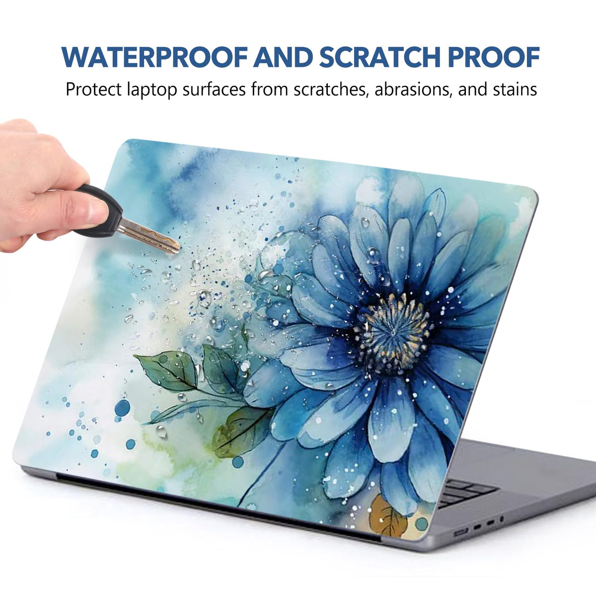AIMSA blue-flower full-view laptop skin shows decorative wrap on device.