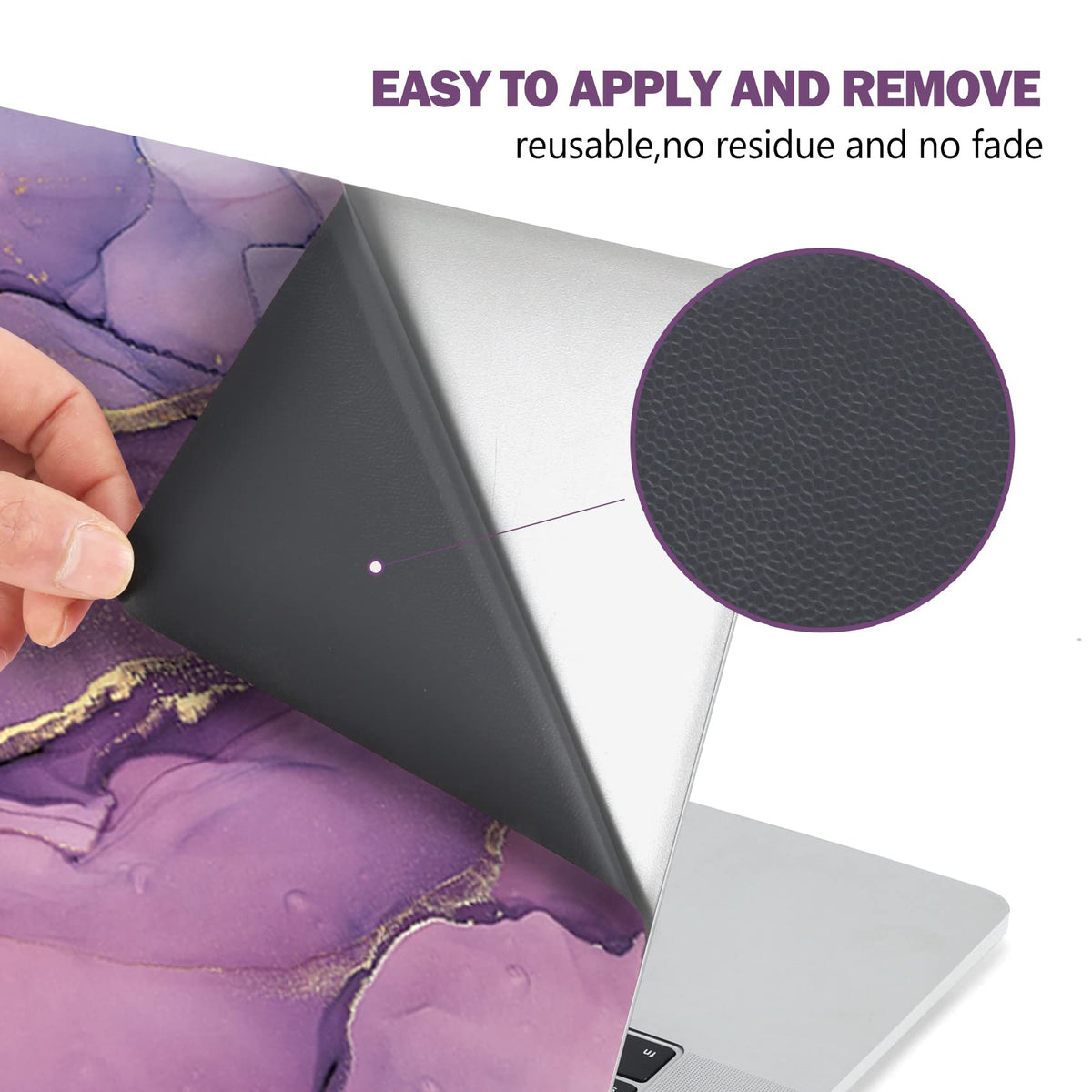 AIMSA purple marble two touchpad stickers positioned beside laptop trackpad for comfort