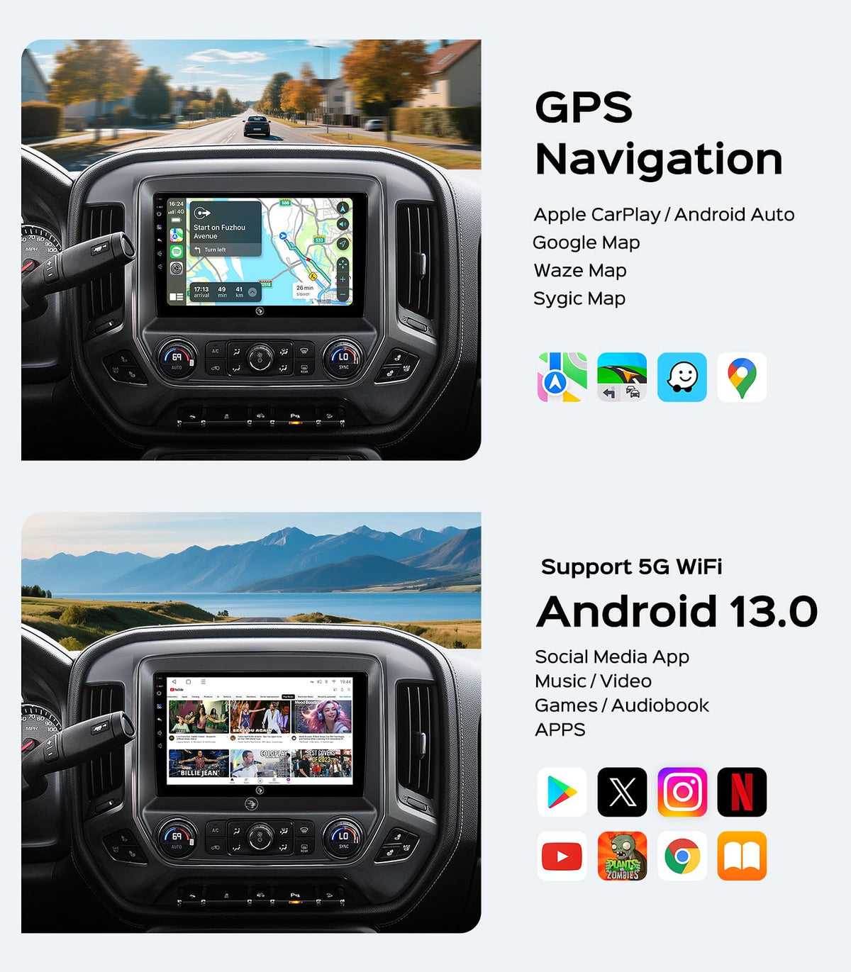AINAVI 10.2-inch car radio Bluetooth 5.0 and FM/RDS for clear calls