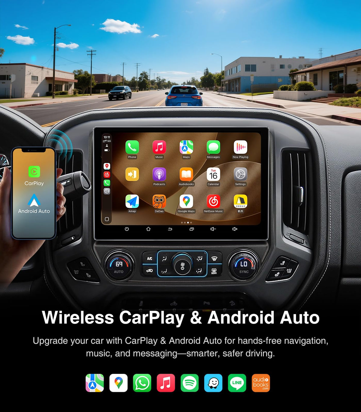 AINAVI Android Auto and CarPlay enabled head unit in dashboard