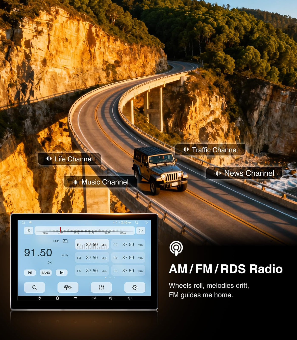 AINAVI FM/AM radio with 12 EQ for customized listening
