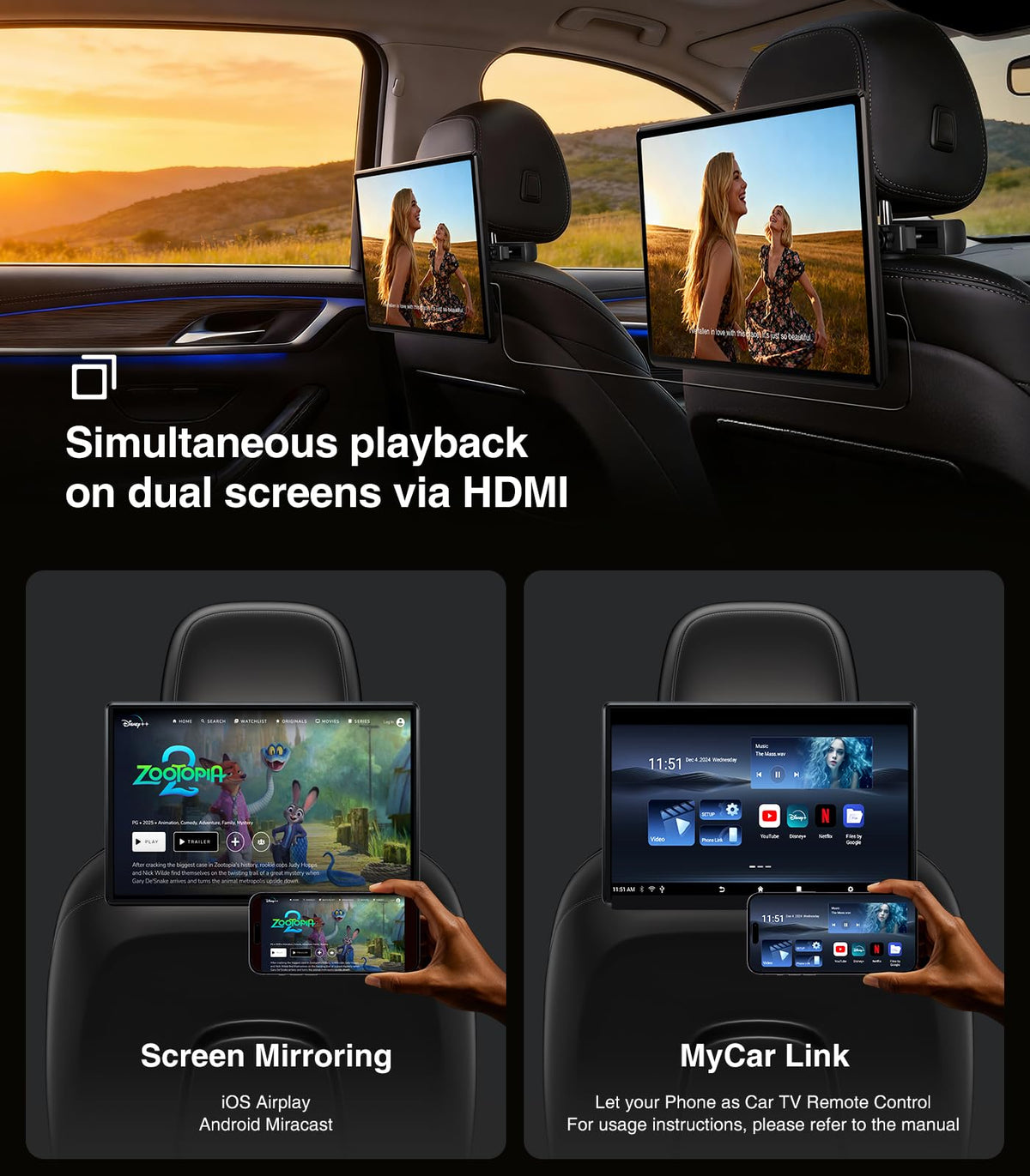 AINAVI headrest monitor enables iOS AirPlay and Android Miracast mirroring for easy content sharing