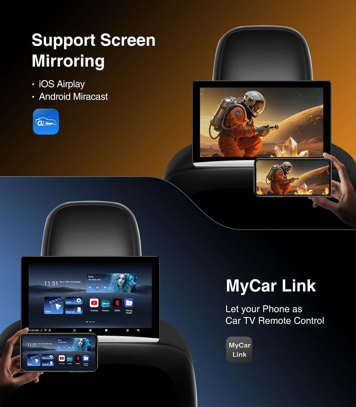 AINAVI 2G+32G car media player stores videos and apps for offline viewing.