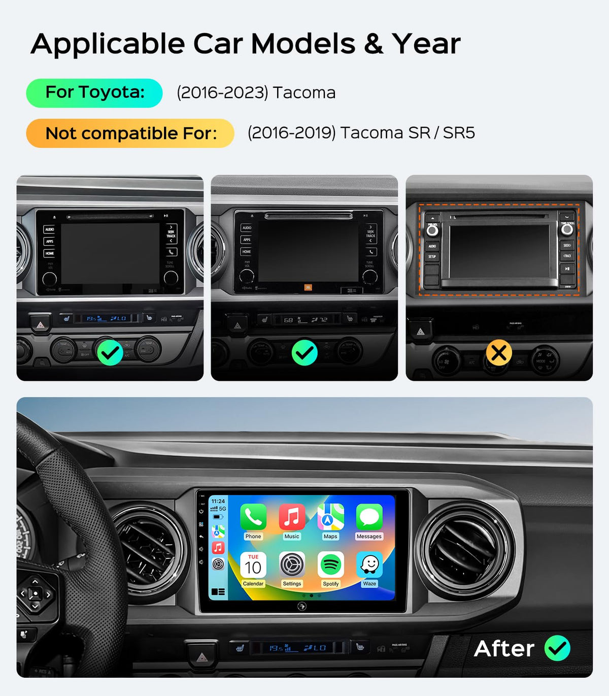 AINAVI 9-inch touchscreen car radio for Tacoma delivering tablet-like interface and fast loading.