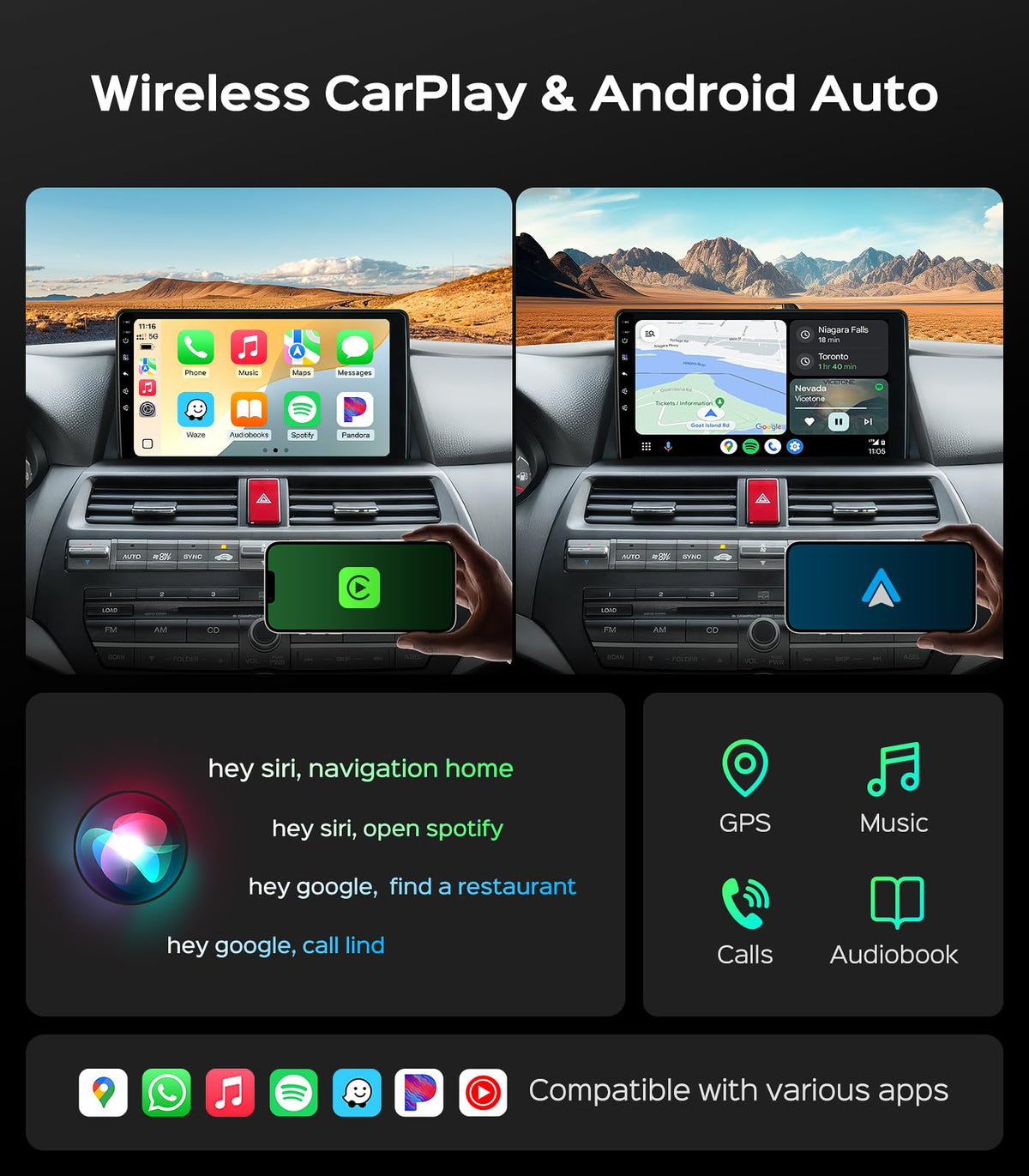 AINAVI wireless CarPlay and Android Auto in action on the screen