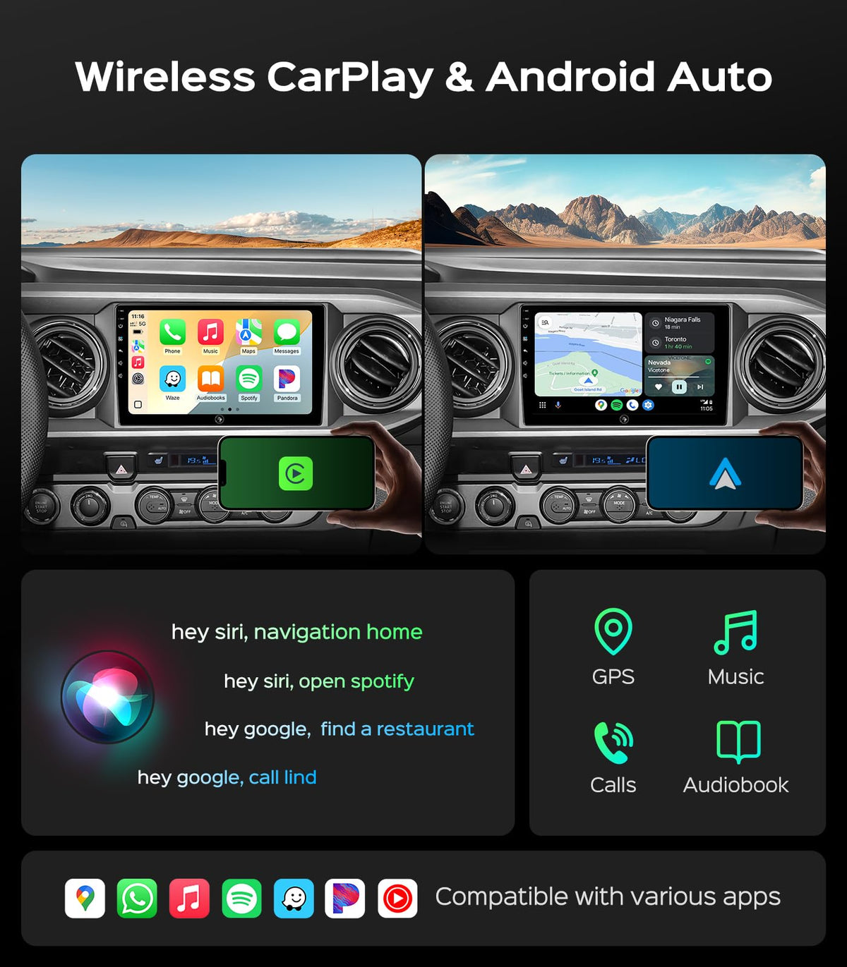 AINAVI CarPlay and Android Auto support for Tacoma, wireless and wired options.