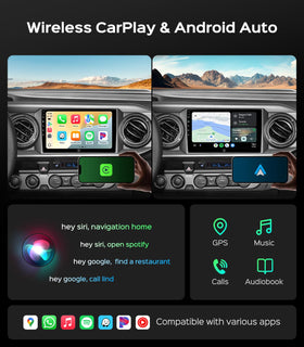 AINAVI CarPlay and Android Auto support for Tacoma, wireless and wired options.