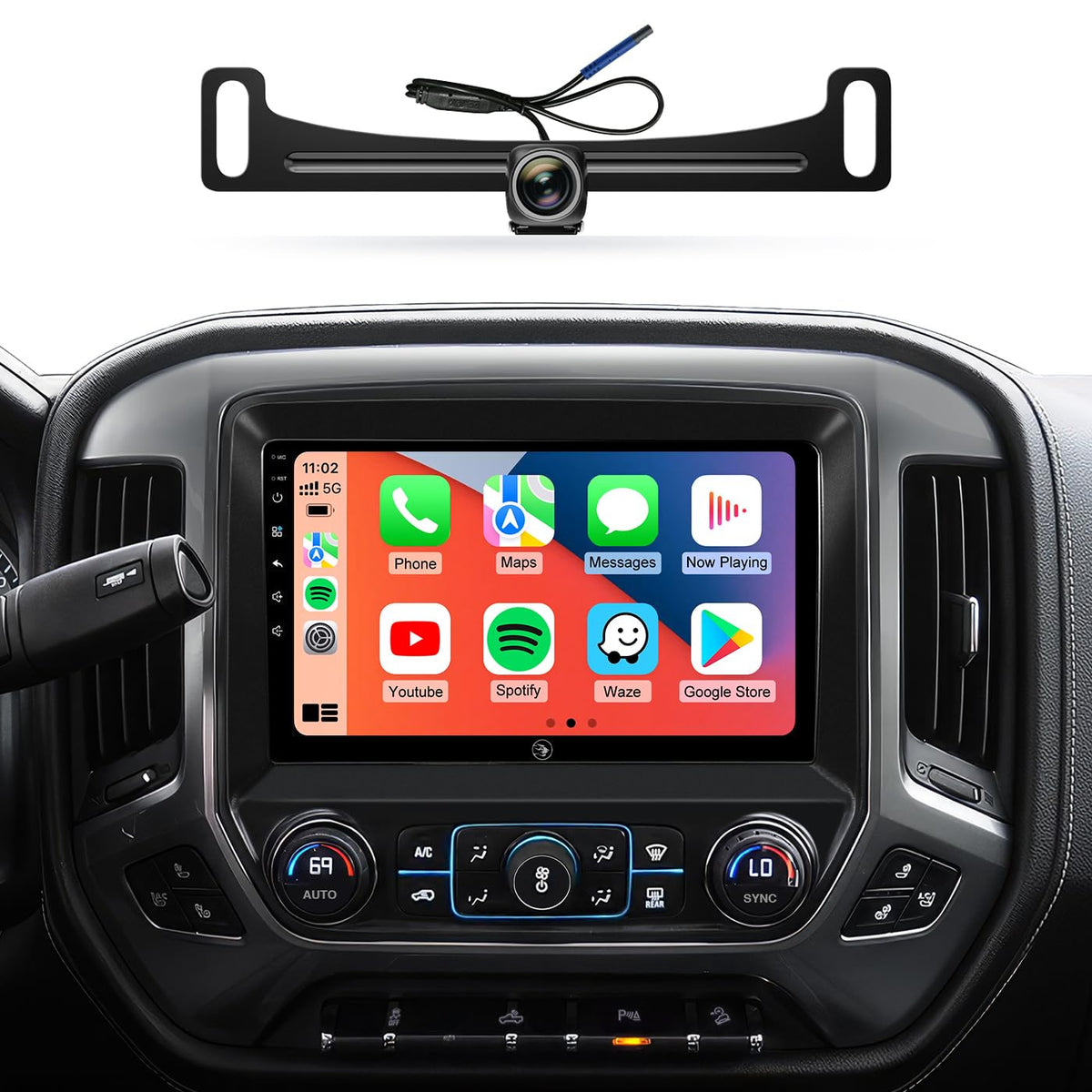 AINAVIGO 10-2 inch car stereo front panel fits Silverado and Sierra for seamless OEM look.