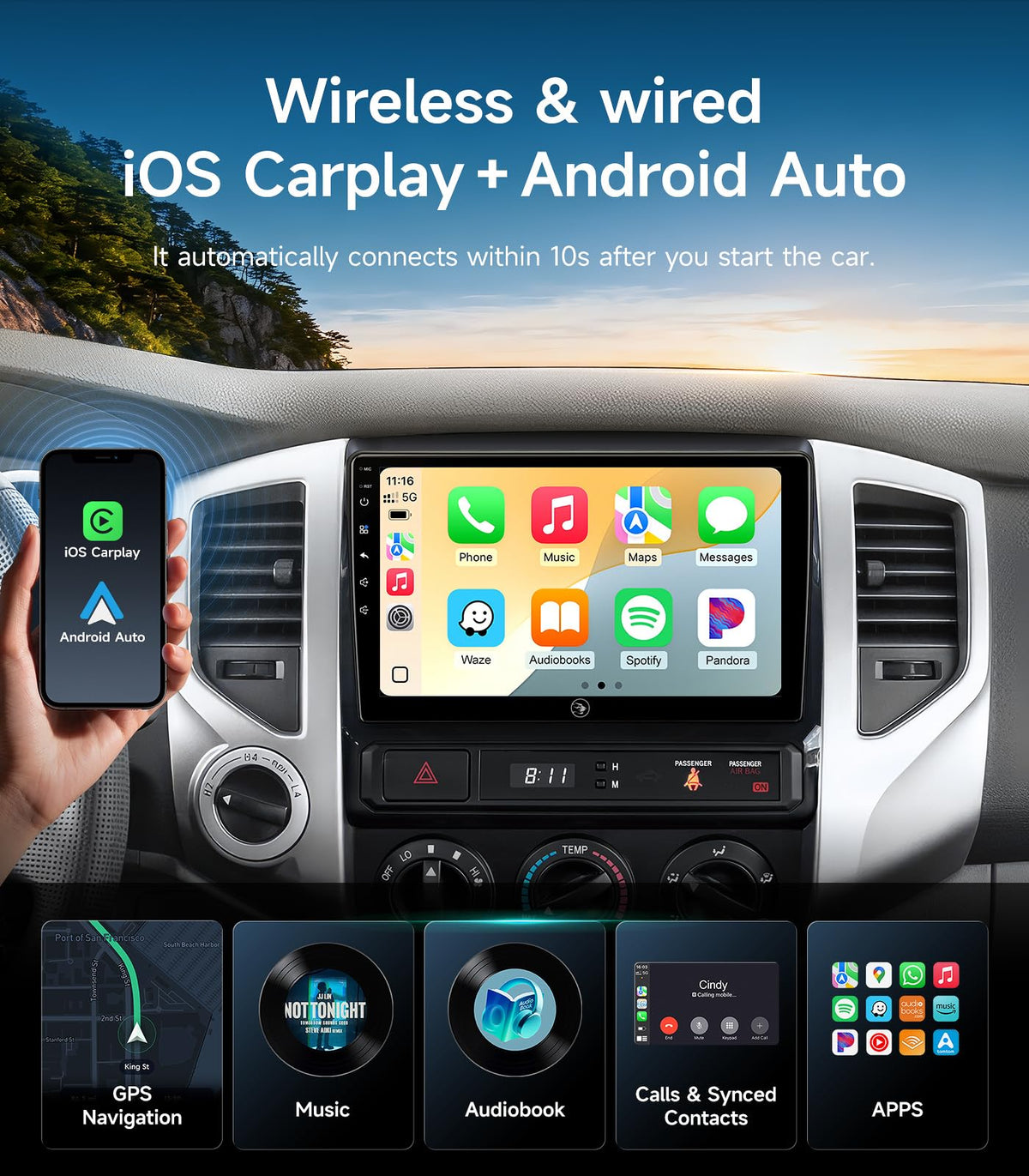 AINAVIGO 9-inch IPS touchscreen close-up shows responsive controls