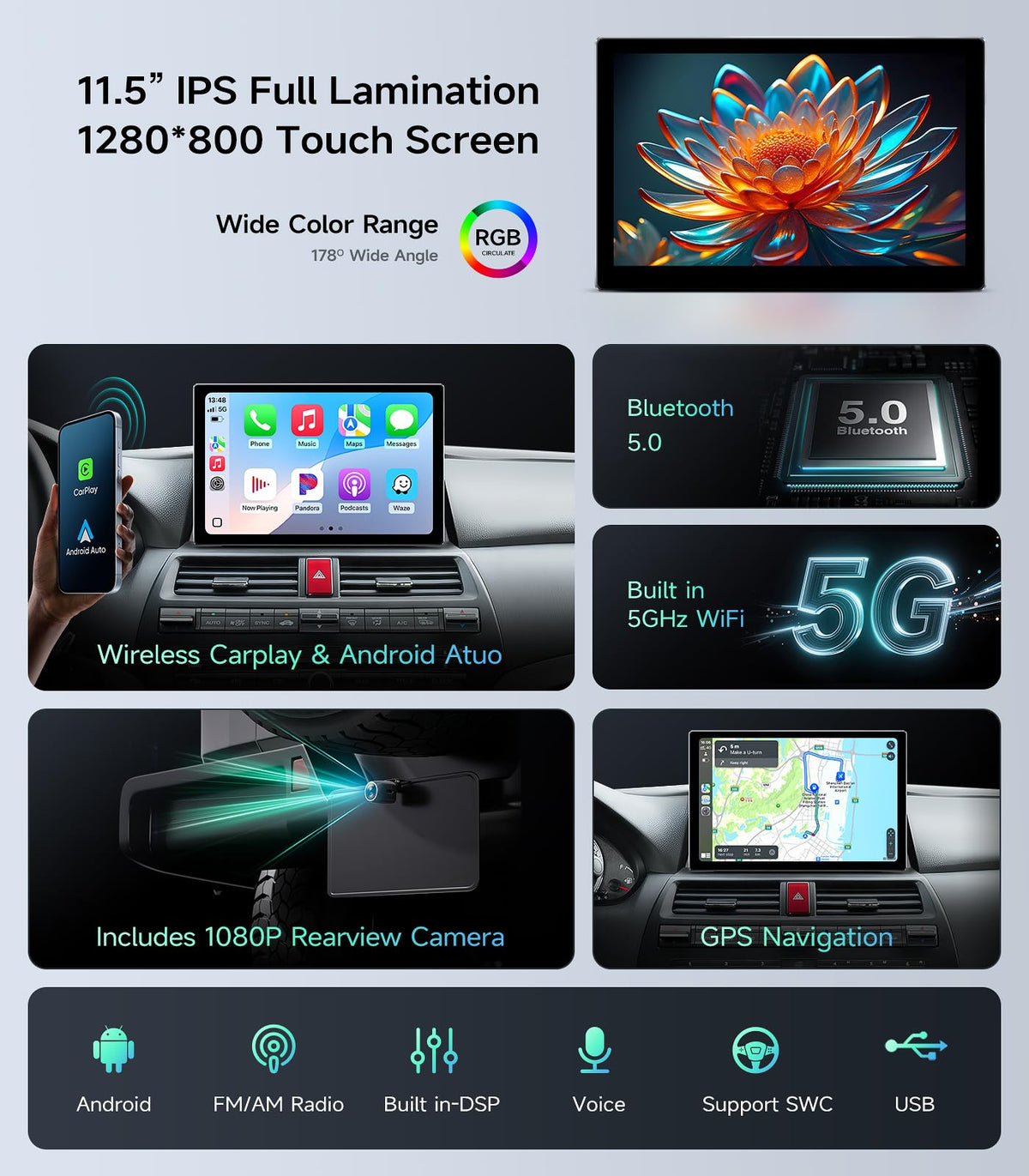 AINAVIGO Bluetooth 5.0 ensures crisp calls and smooth music streaming.