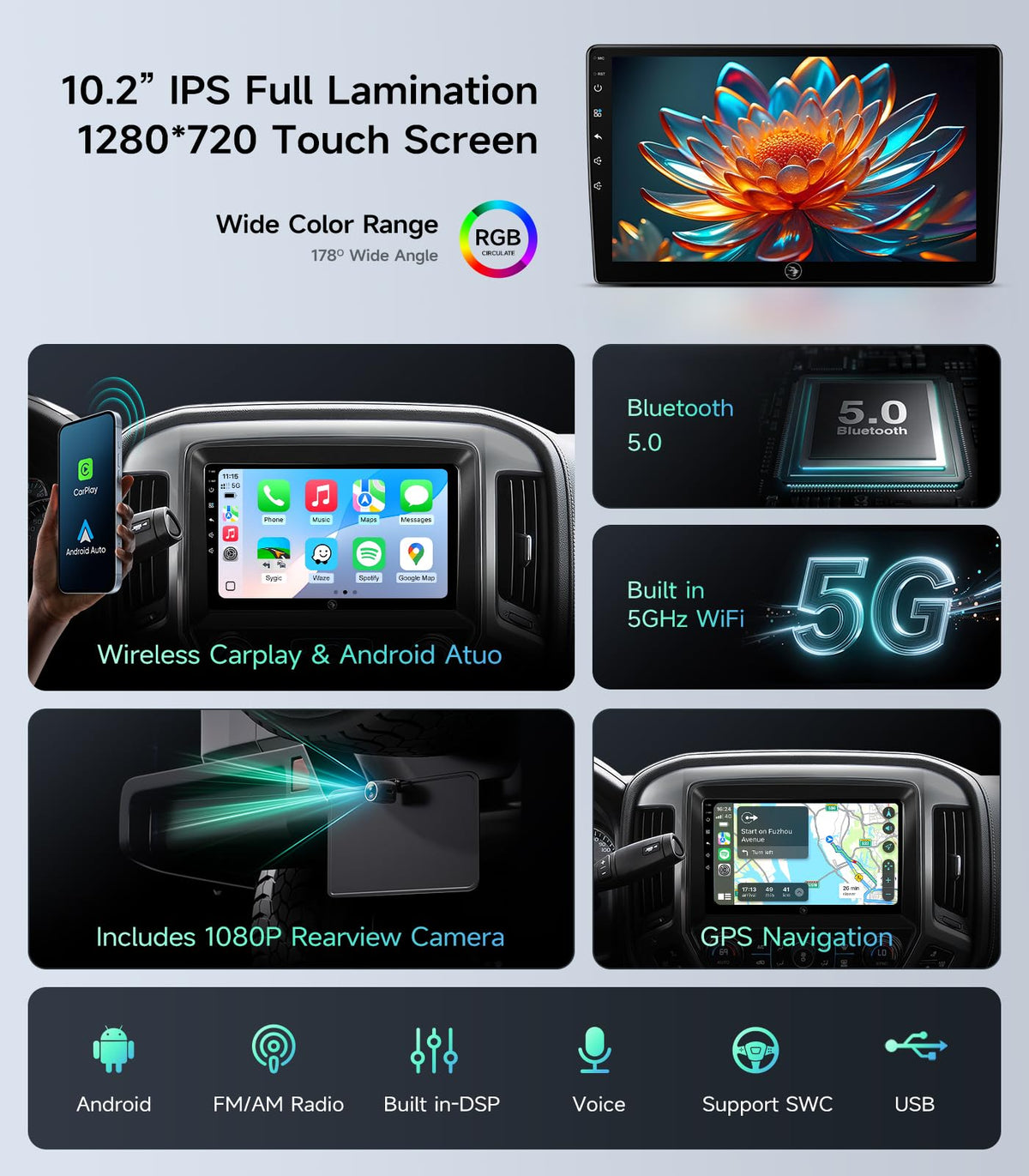 AINAVIGO Bluetooth 5.0 with DSP for clear hands-free calls and customized audio.