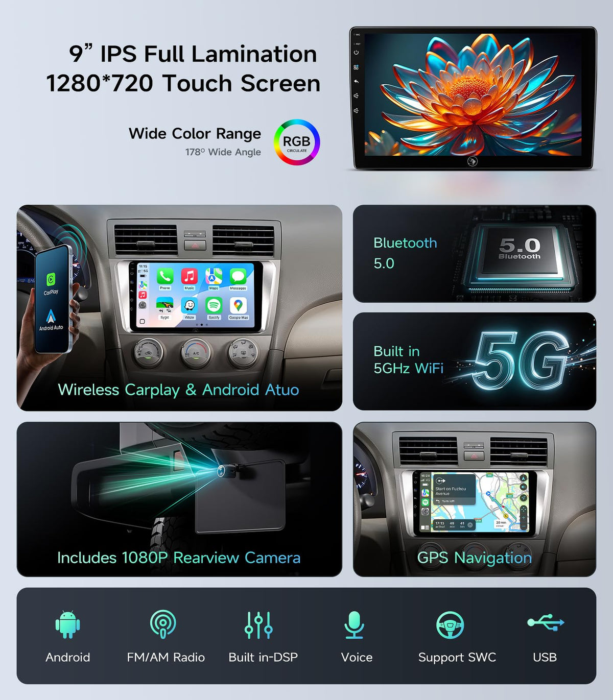 AINAVIGO Camry Android system with 2GB RAM and 32GB storage for smooth performance