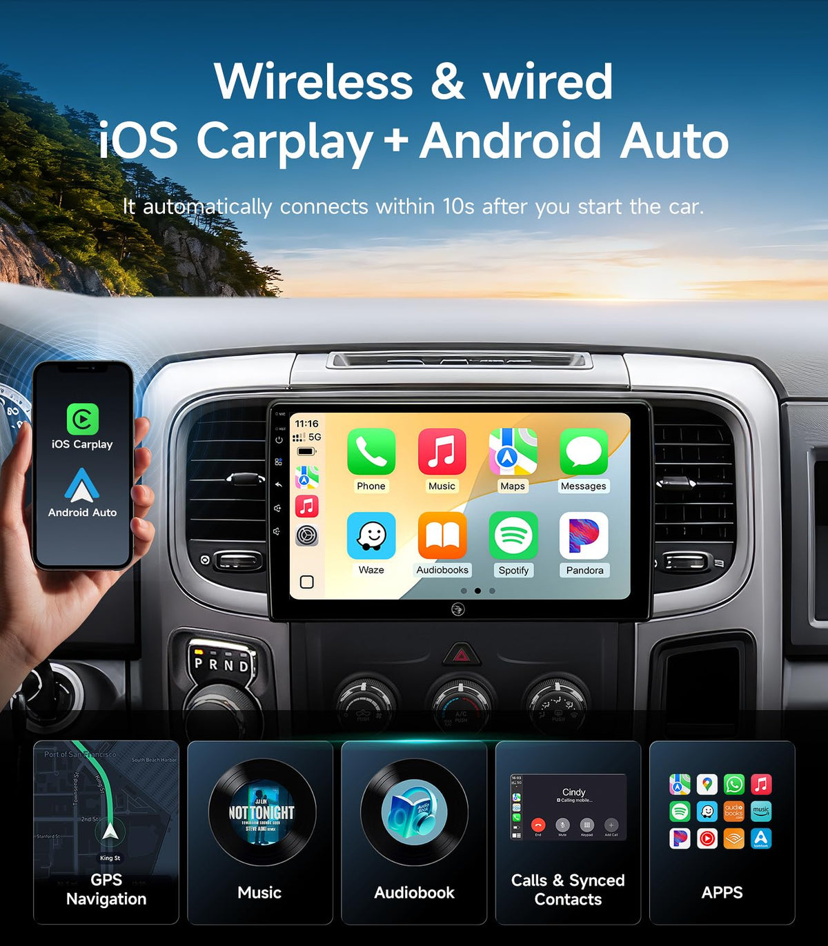 AINAVIGO Dodge Ram Android Auto connects phone seamlessly