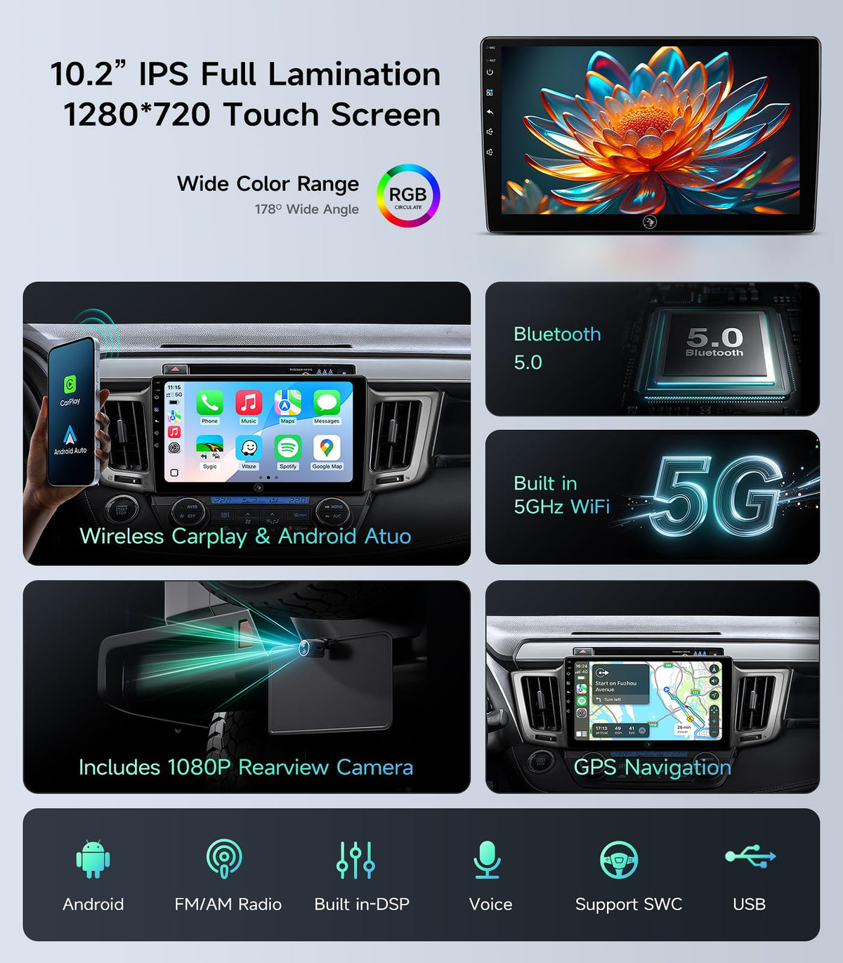 AINAVIGO Rav4 2013-2018 1280x720 QLED display with sharp visuals