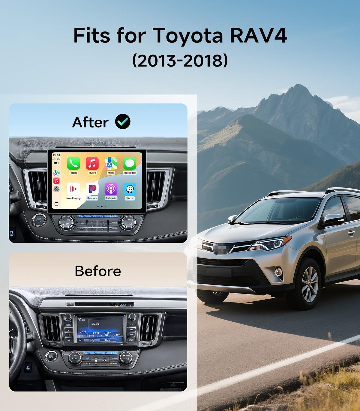 AINAVIGO Rav4 wireless CarPlay and Android Auto interface in action for seamless smartphone integration.