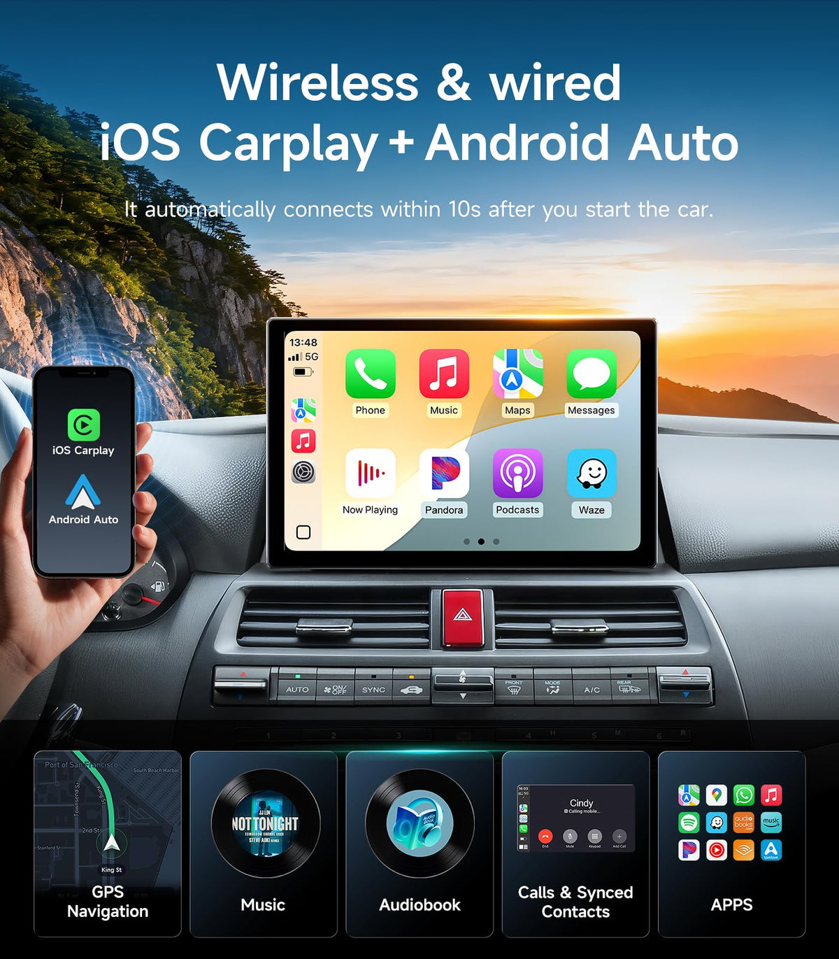 AINAVIGO wired and wireless CarPlay and Android Auto for hands-free access.