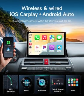 AINAVIGO wired and wireless CarPlay and Android Auto for hands-free access.