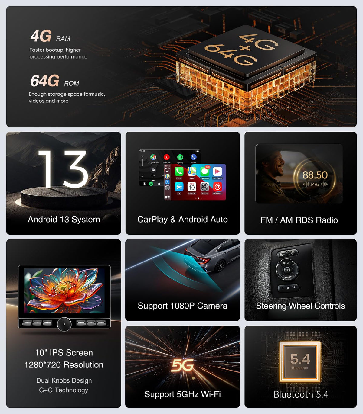 AINAVITO 4G+64GB Android 13 head unit for fast apps and offline maps
