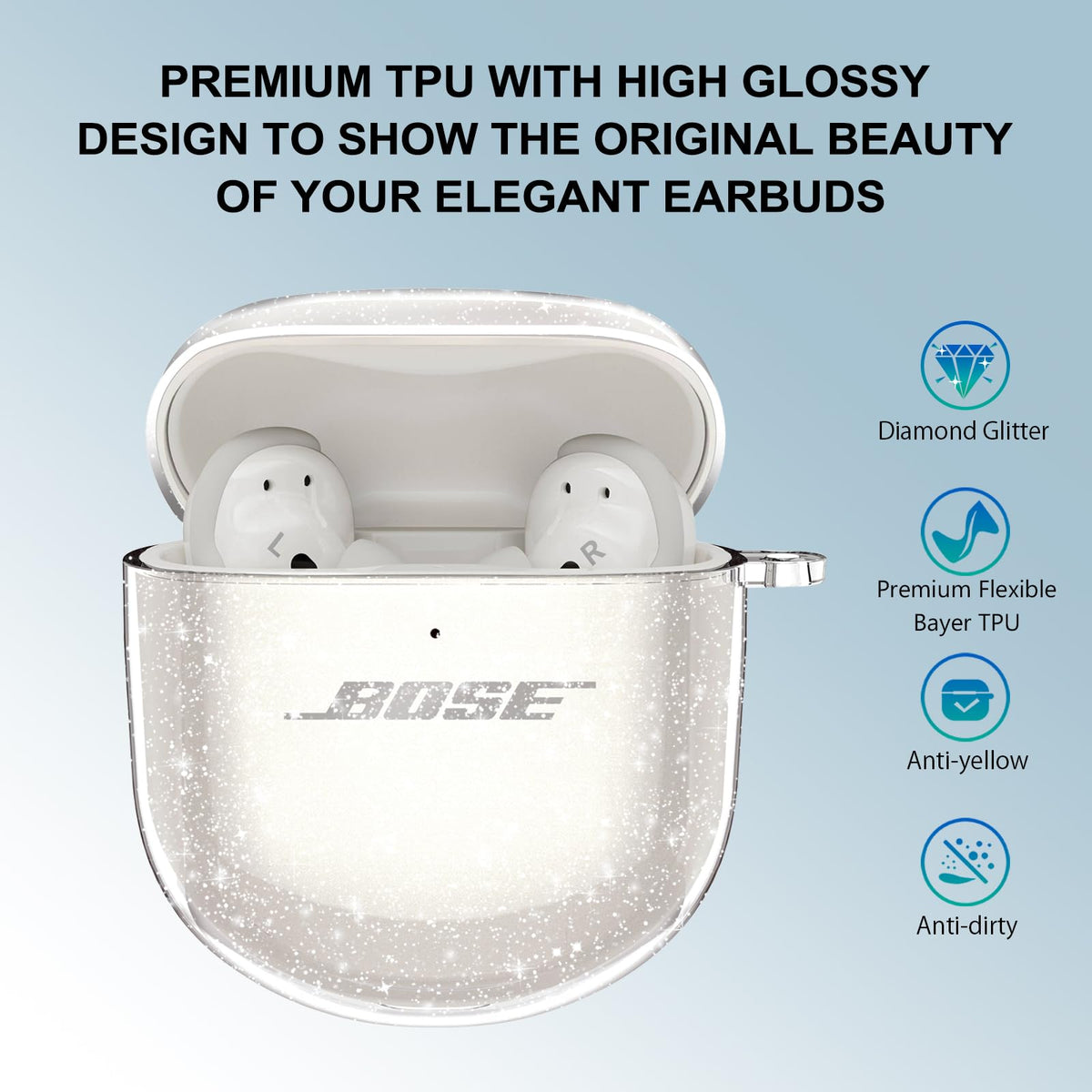 Aircawin Bose Ultra glitter case highlights clear design and lightweight protection.