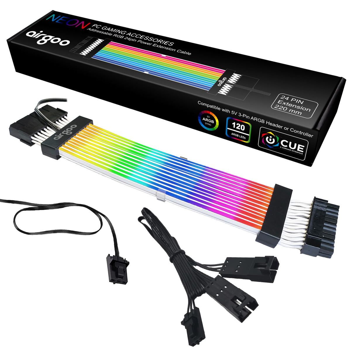 Airgoo Addressable RGB ATX Strimer S2 24-pin extension cable with 126 LEDs for ARGB lighting.