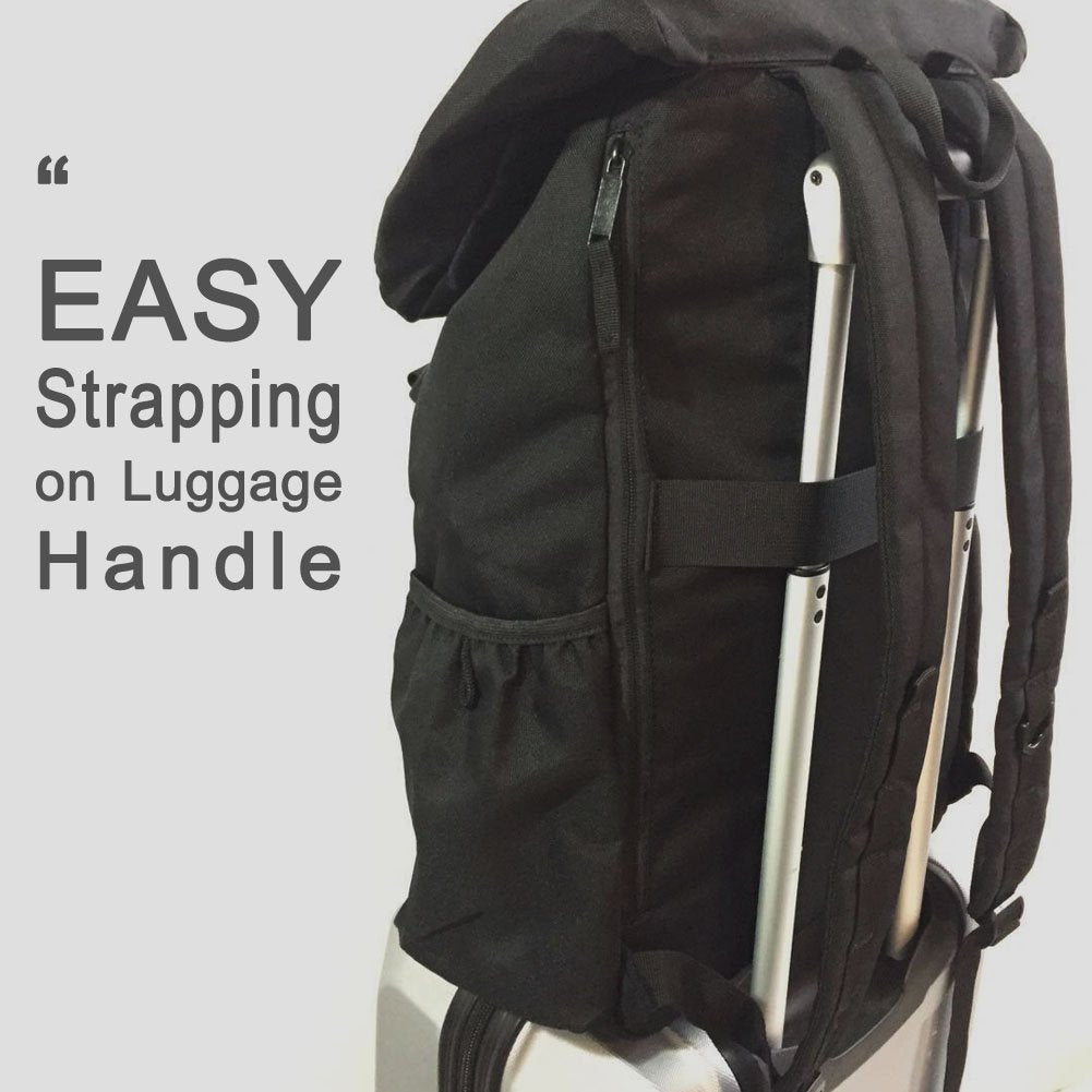 Airlab Rucksack back luggage strap enables easy attachment to rolling luggage.