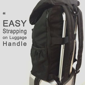 Airlab Rucksack back luggage strap enables easy attachment to rolling luggage.
