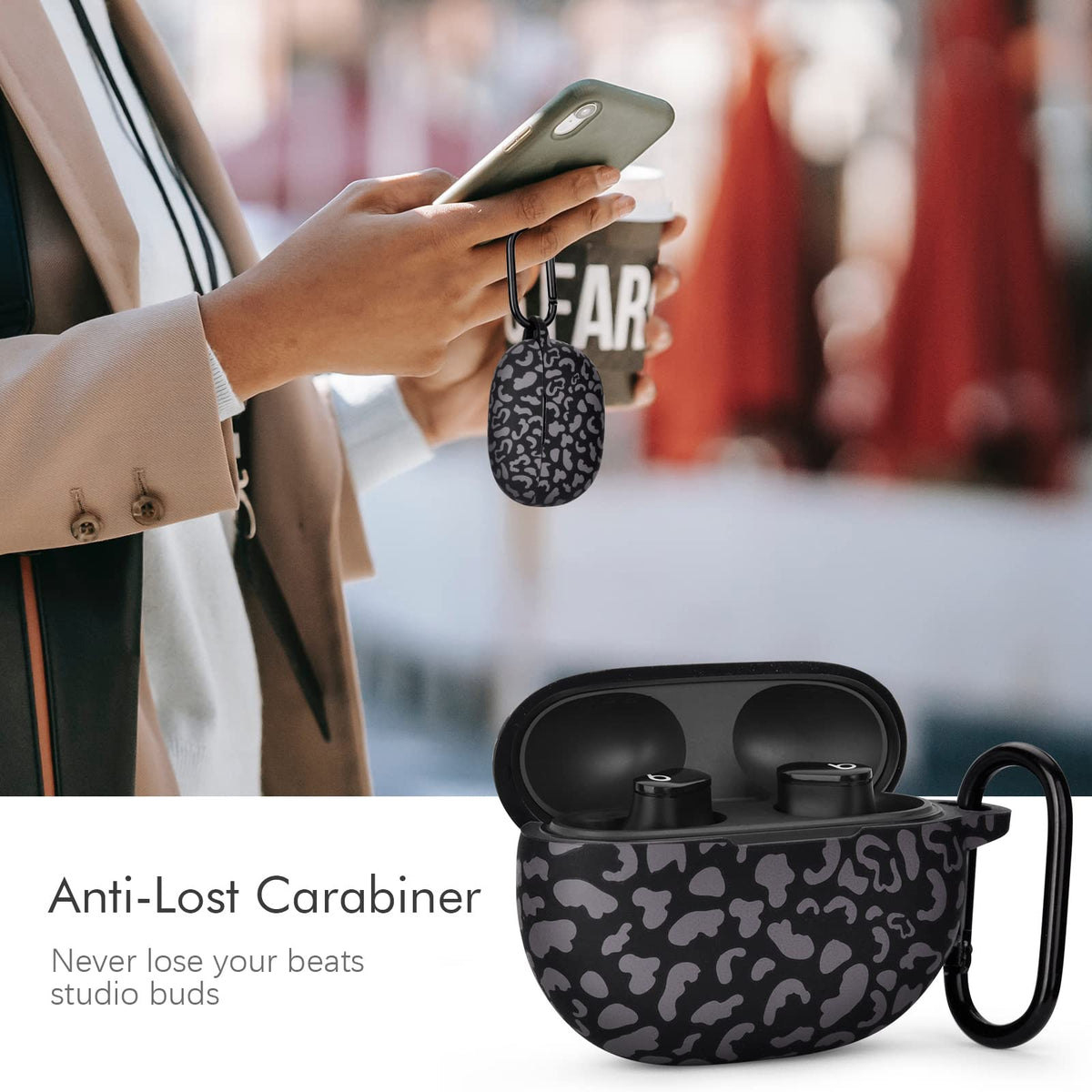 AIRSPO Beats Studio Buds case shown attached to bag for portability.