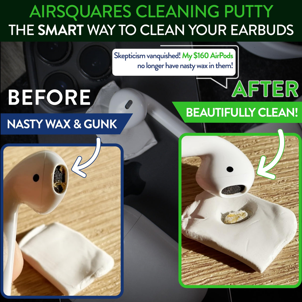 AirSquares earbud cleaner putty square close-up removes debris from earbuds.