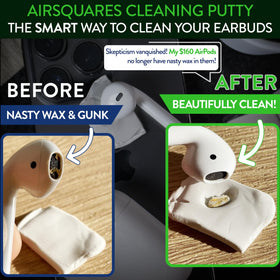 AirSquares earbud cleaner putty square close-up removes debris from earbuds.