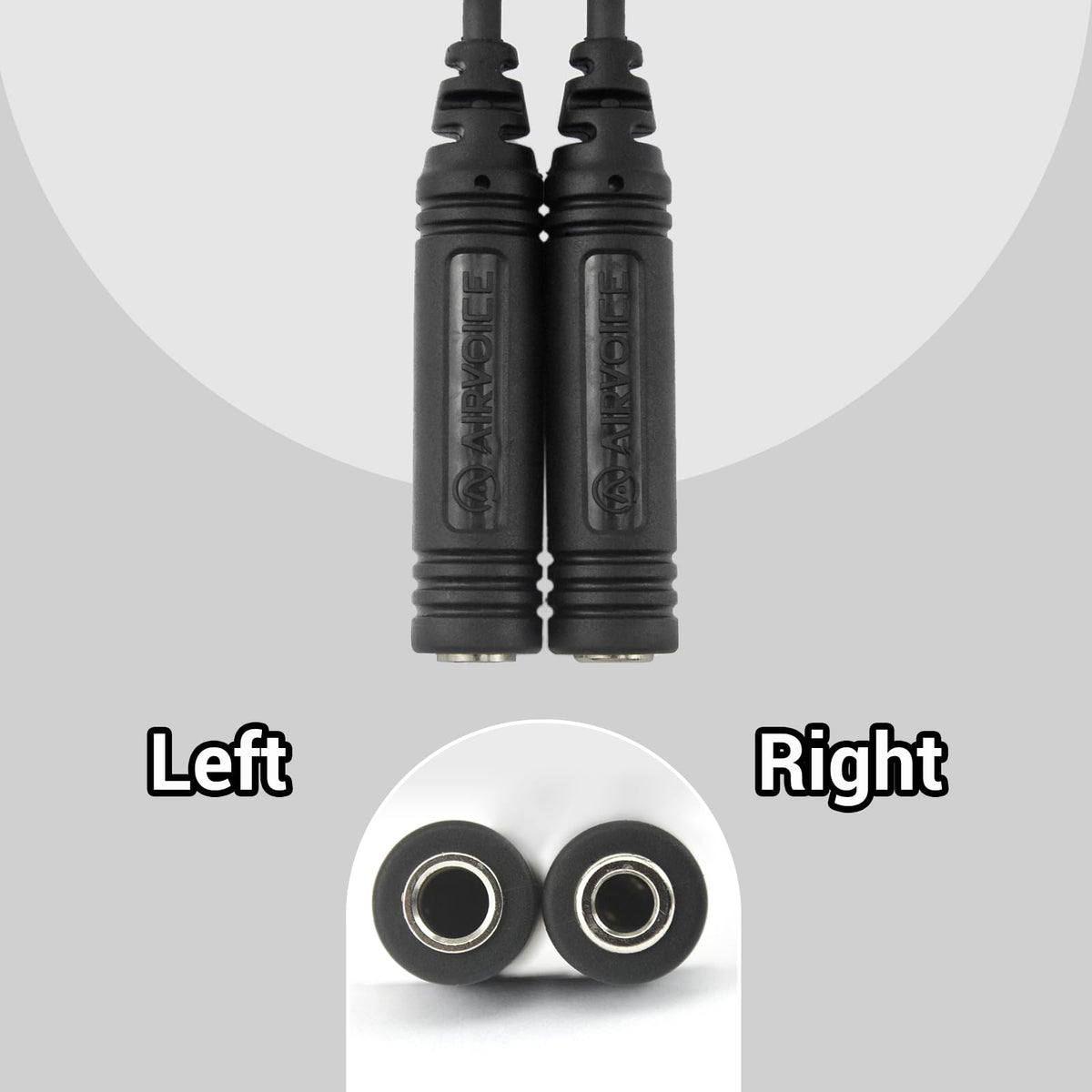 AirVoice twin-plug PJ-068 and PJ-055 closeup on the adapter input