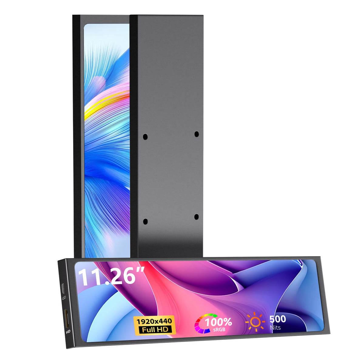AISHICHEN mini monitor front view inside a PC case showing a slim FHD display for real-time metrics