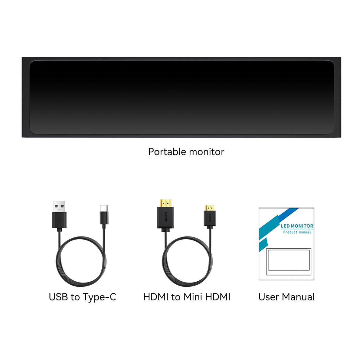 AISHICHEN mini monitor unboxing shows HDMI cable and USB-C power cable included