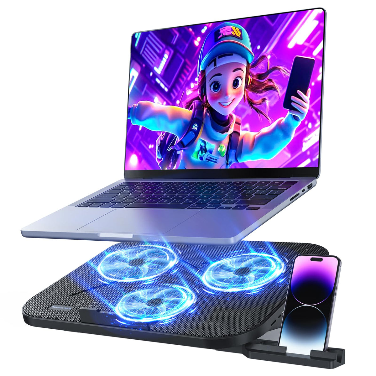 AISUNKUTECH laptop cooling pad with three quiet fans for steady cooling during long work sessions
