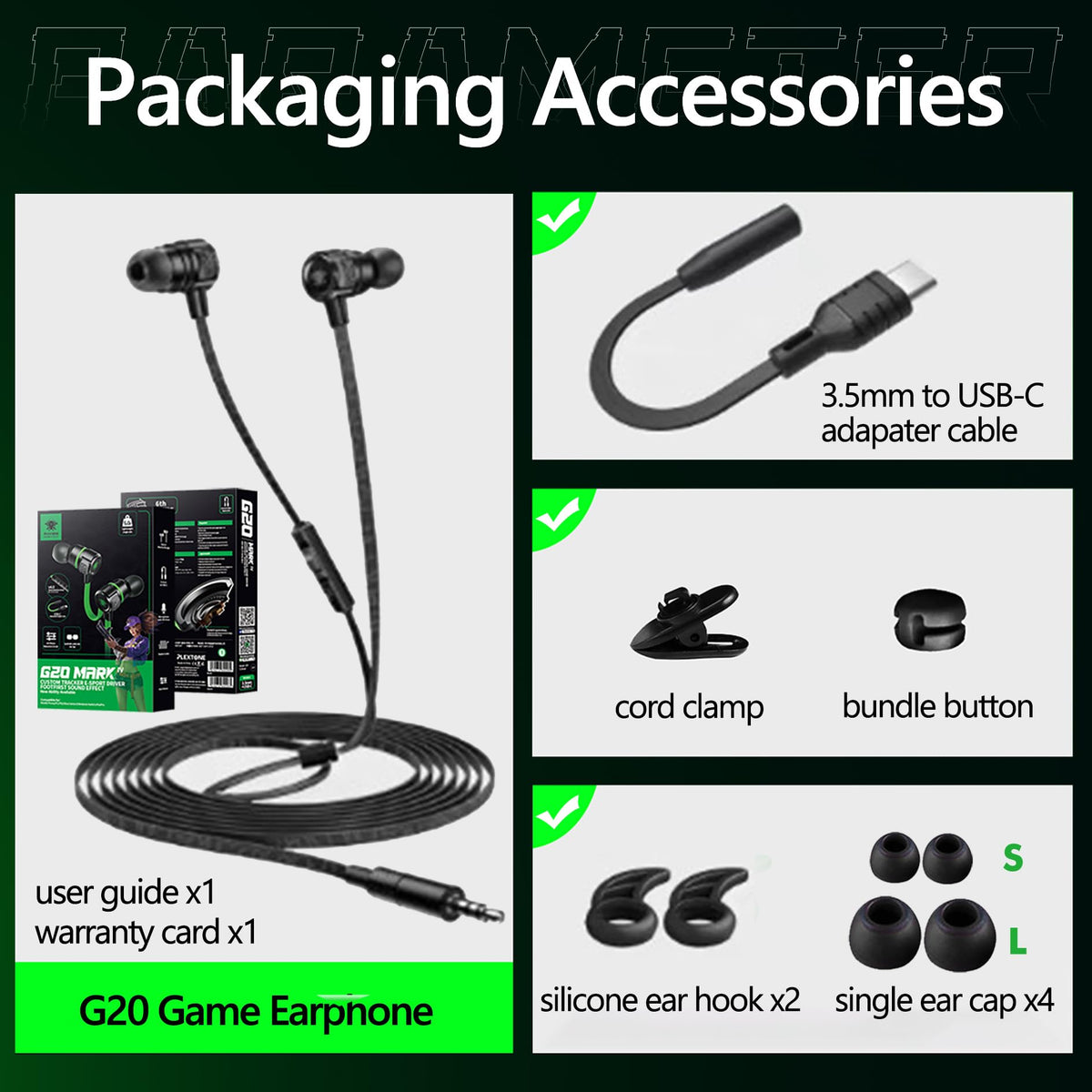 G20 includes silicone tips and ear hooks for stable, comfortable wear