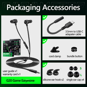 G20 includes silicone tips and ear hooks for stable, comfortable wear