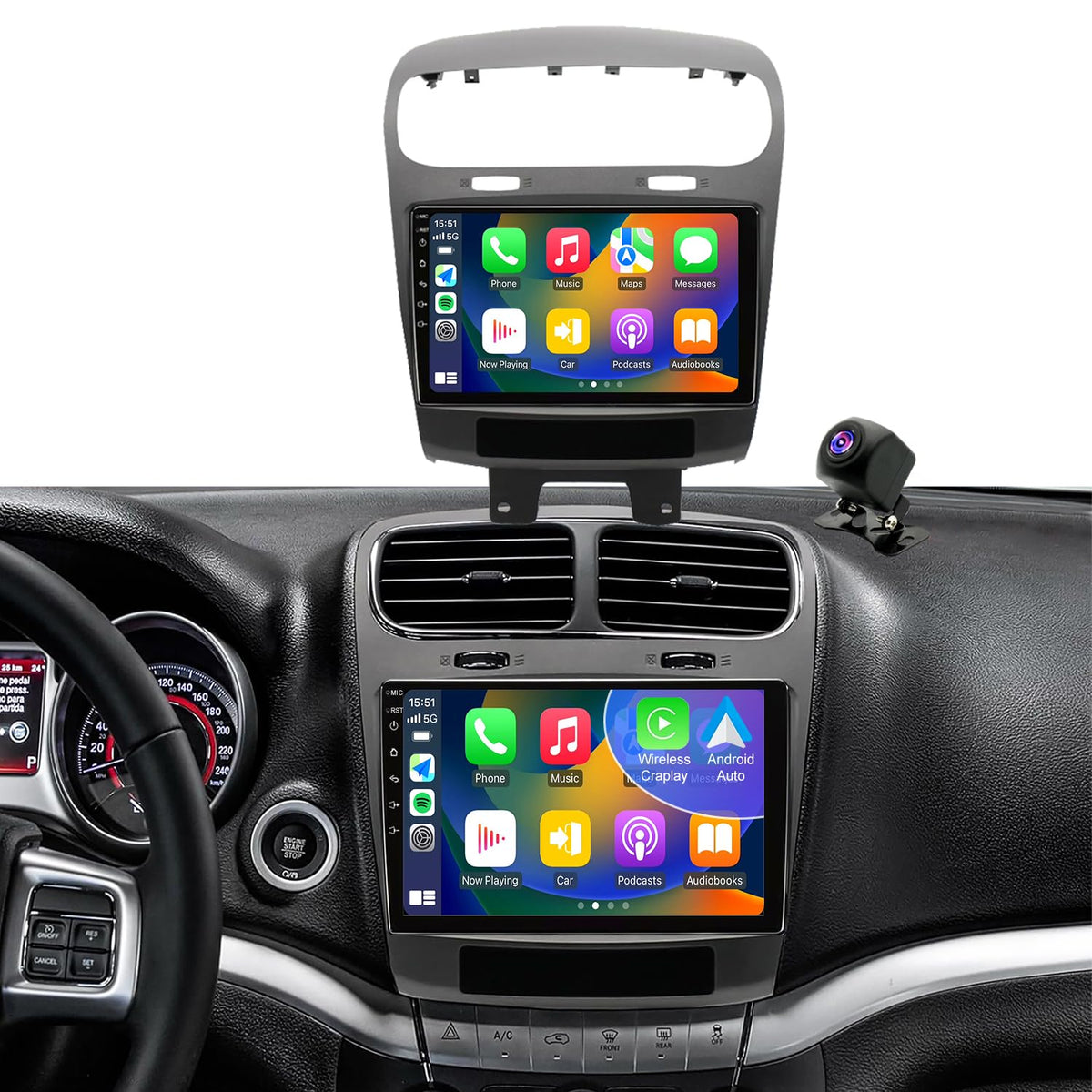Aitrenlu Dodge Journey 9-inch screen front view with wireless CarPlay for easy navigation.