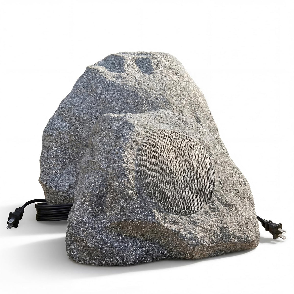 AiTURE 8-inch outdoor rock speakers pair in gray finish blending with a garden.