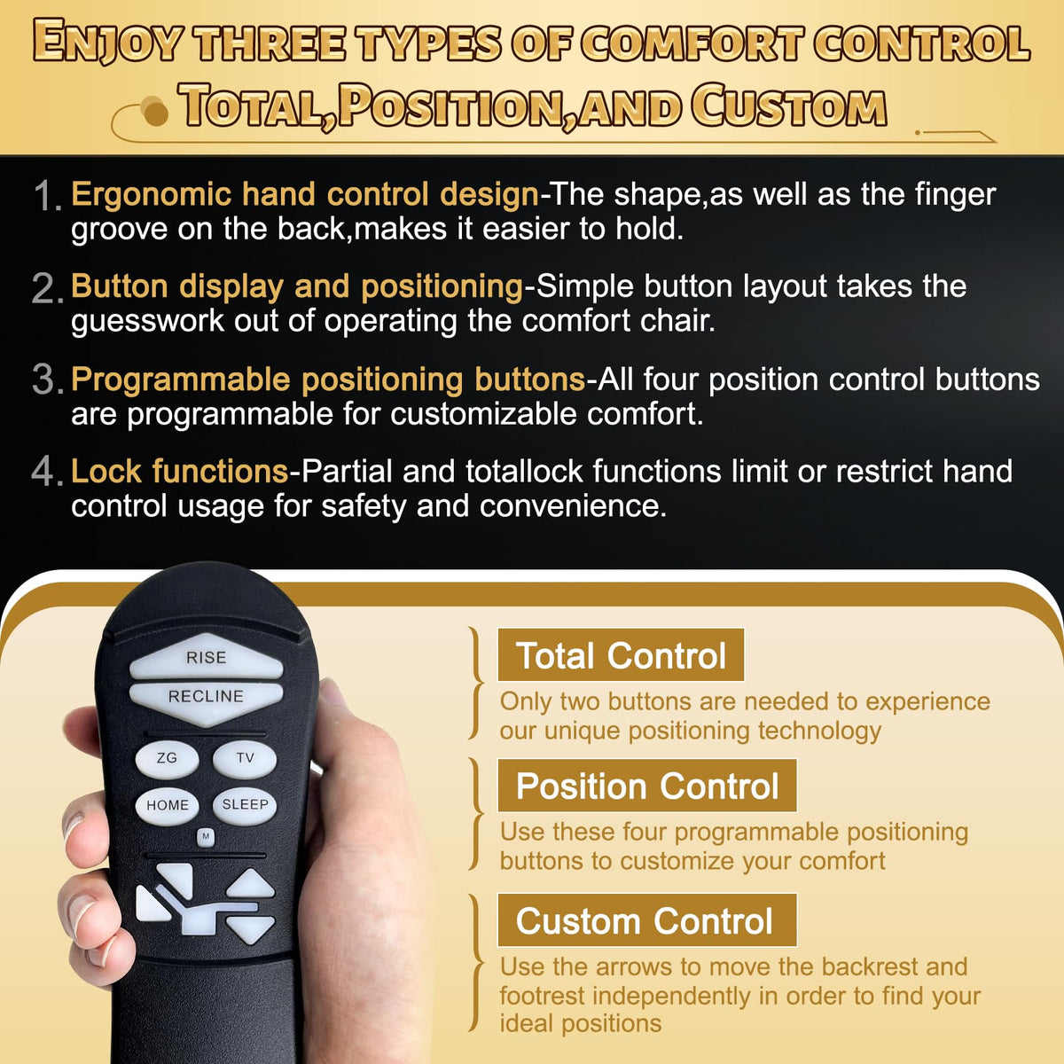 Aituzero ZKAD-5 remote beside lift chair in living room for convenient use.
