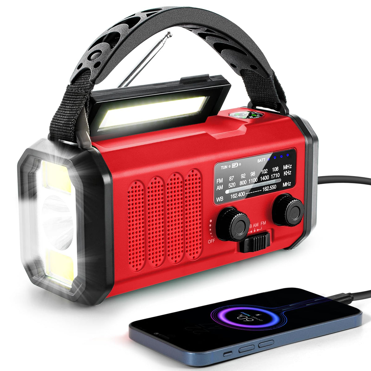 Aivica 10000mAh emergency radio front view shows rugged outdoor build and portability