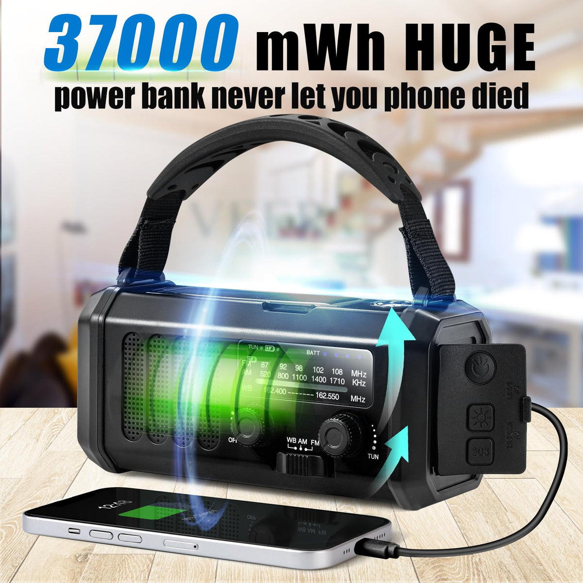 Aivica emergency crank radio side view highlighting compact outdoor survival design for hiking.