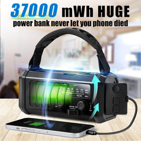 Aivica emergency crank radio side view highlighting compact outdoor survival design for hiking.