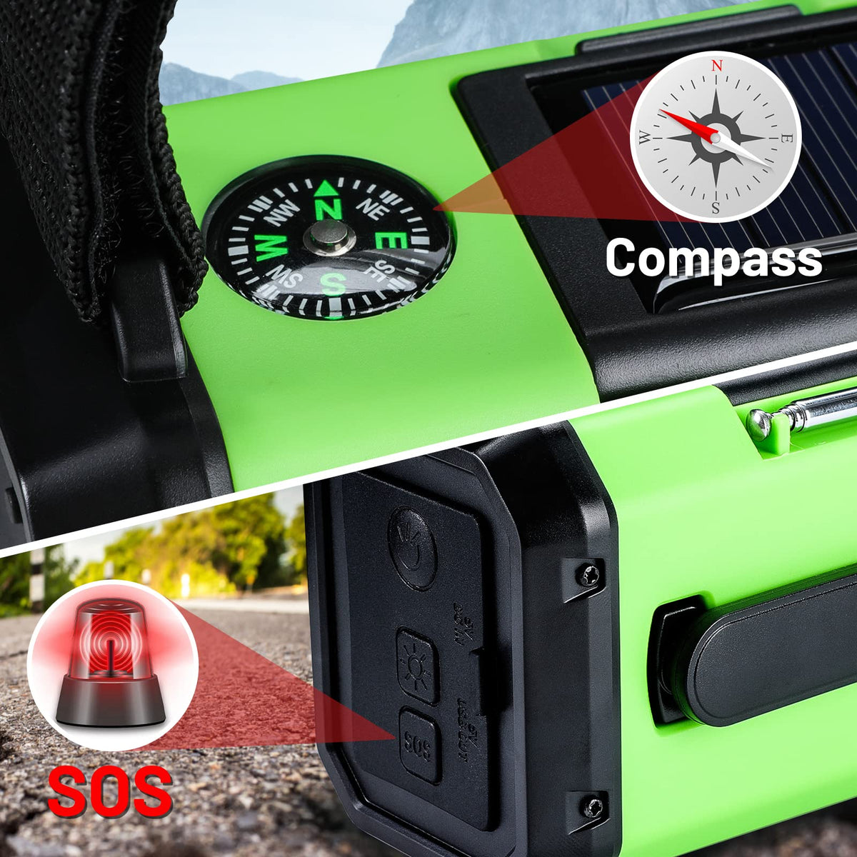 Aivica emergency hand crank radio built-in compass aids navigation on trails.
