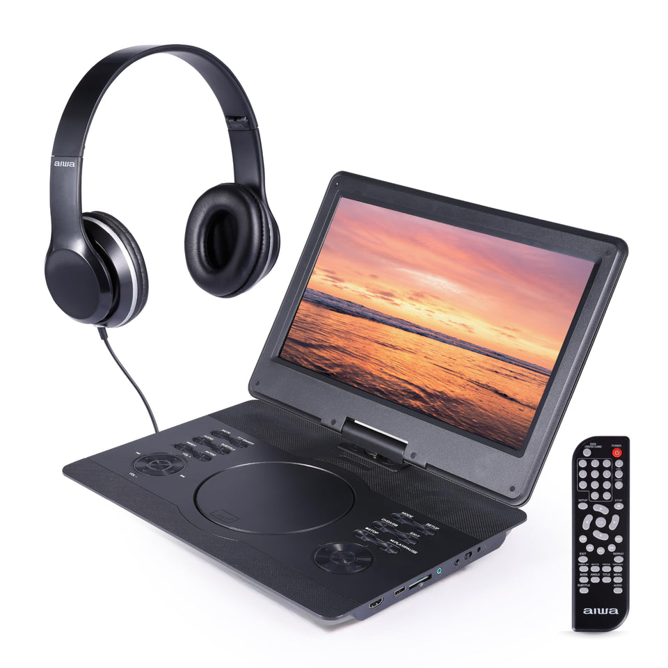 Aiwa 14inch portable DVD player with swiveling screen for flexible viewing.