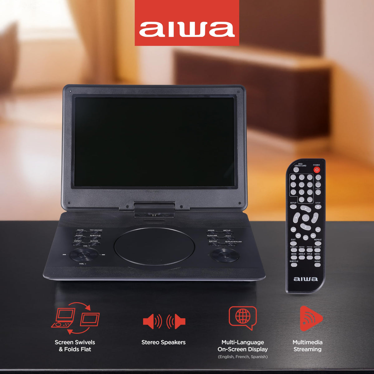 Aiwa DVD/CD player with HDMI input for expanded entertainment.