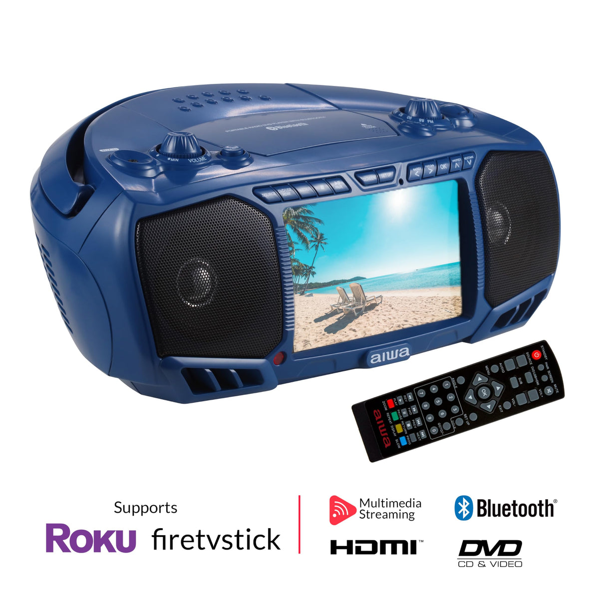 Aiwa portable boombox 7inch LCD display highlights vivid video and menus.